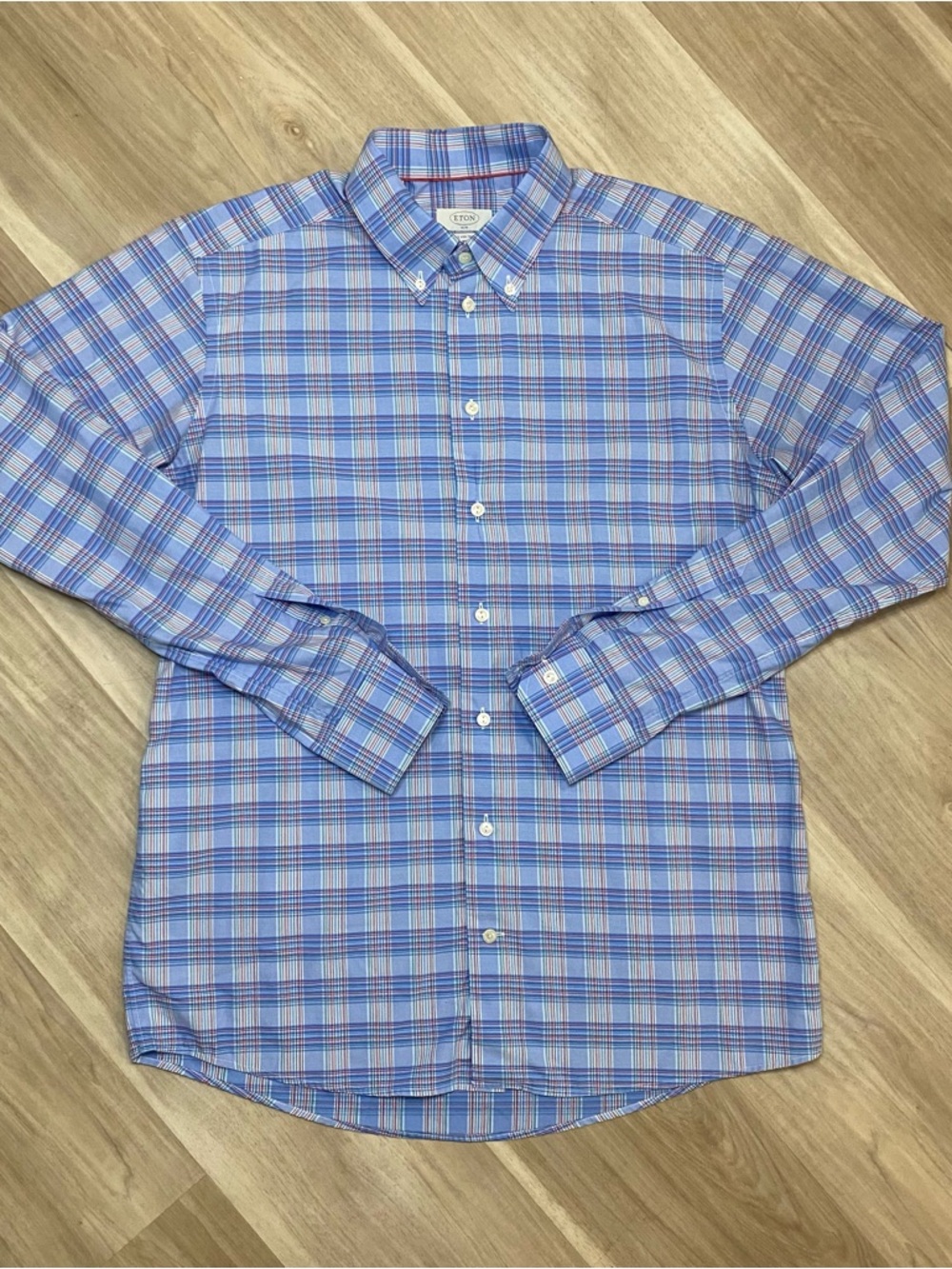 Eton Blue Plaid Button-Down Dress Shirt Large Mens